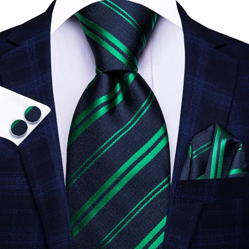 Image of Dubulle Mens Paisley Blue Green Striped Tie and Handkerchief Cufflinks Tie Set for Men Wedding Business Formal