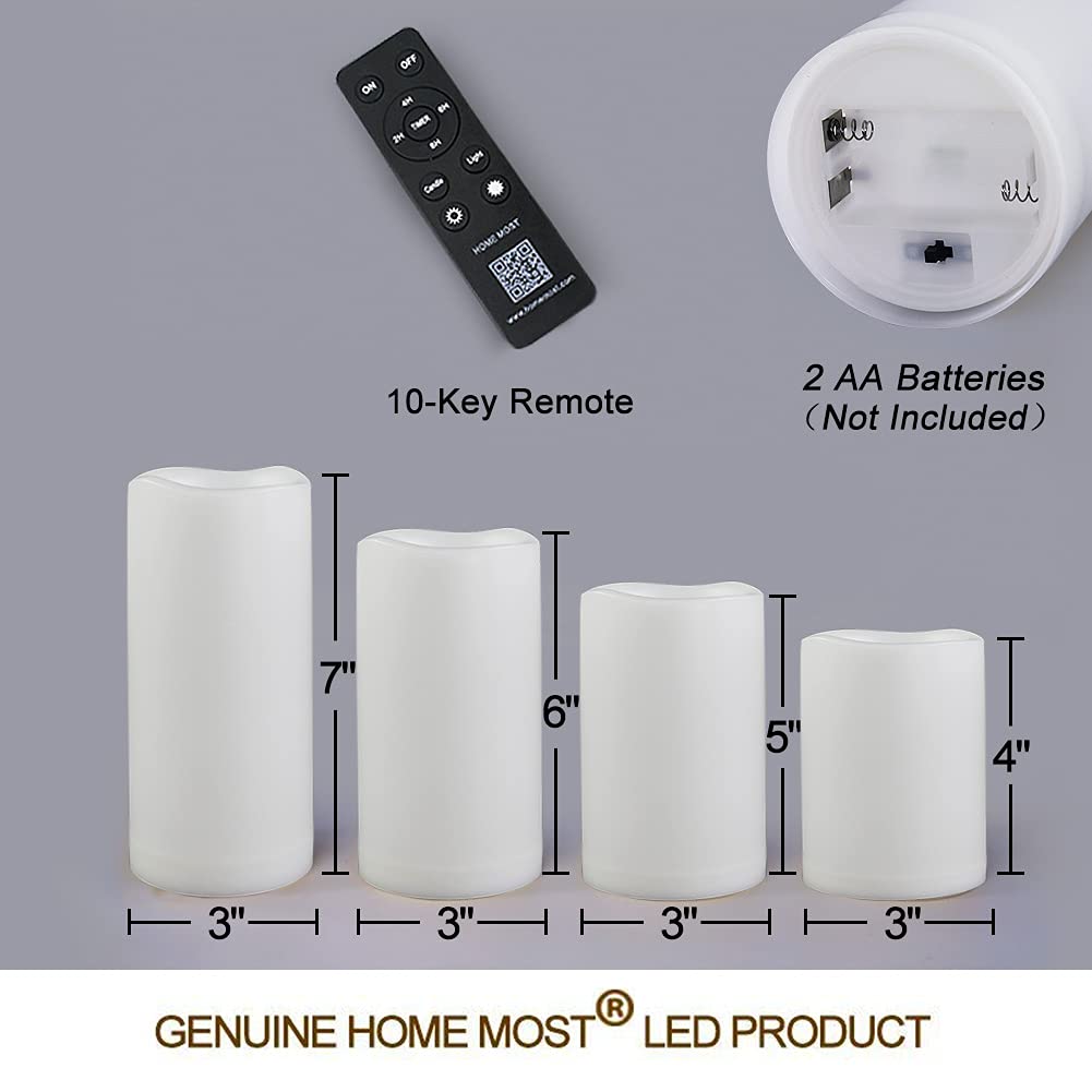 Zestaw 4 białych zewnętrznych świec LED 3 x 4, 3 x 5, 3 x 6, 3 x 7 z timerem i pilotem zdalnego sterowania, wodoodporne świece filarowe LED na baterie IP65, migoczące, bezpłomieniowe świece