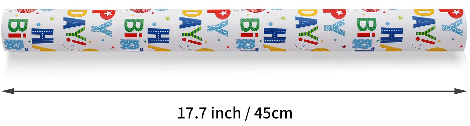 CAMKUZON Rollo de papel de regalo reversible de cumpleaños para niños, niñas, niños, hombres y mujeres, colorido diseño de globos y estrellas de feliz cumpleaños, papel de regalo para celebraciones de