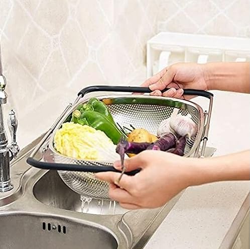 Image of Onrpix Multipurpose Stainless Steel Colander Basket for Washing Rice, Fruits, Vegetables, Grains, Strainer Drainer Bowl with Handle, The Kitchen Bowl (Square)