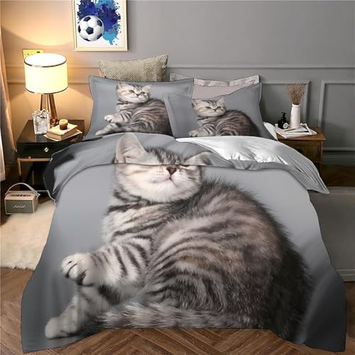 Housse de couette chaton tigré argenté 140x200 parure lit microfibre single - 6