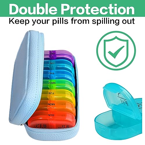 Image of Serfeymi Weekly Travel Pill Organizer 2 Times A Day AM PM Upgraded Rainbow Pill Box 7 Day with Portable Zipper PU Leather Pill Case, Medicine Organizer for Pills, Vitamins, Fish Oils - Blue 01