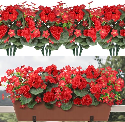 Besteek Artificial Geranium Flowers for Outdoors Decoration, 12 Bundles Fake Silk Flowers UV Resistant Faux Plastic Plants for Spring Summer Garden Yard Porch Window Planters Home Decor, Red