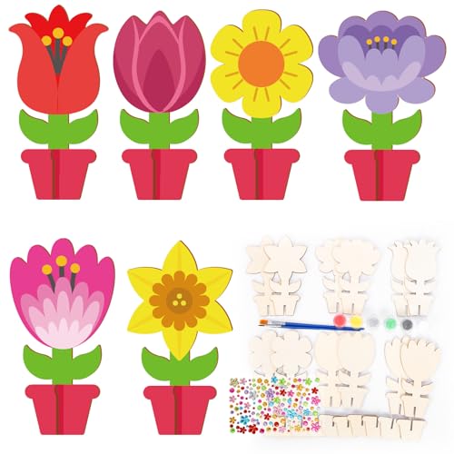 DKINY 12 Blumen aus Holz 3D Blumen Holzbastelsets für Kinder Tulpen Gerbera Blumentöpfe zum Basteln und Bemalen Kreativesets Geschenk Junge Mädchen in Frühling Muttertagsgeschenk von Sohn Tochter