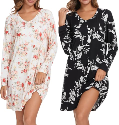 Image of Kabento 2 Pack Long Sleeve Nightgowns for Women Soft Cotton Night Gowns Sleepwear V Neck Nightshirts