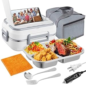 Electric Lunch Box Food Warmer for Office、Car Truck Hot Meals Boxes Heater. 60W/12/24/110V. 1.5L 3 in1 Portable Food Heating Lunch Boxes with Spoon & Fork and Thermal Bag(White)