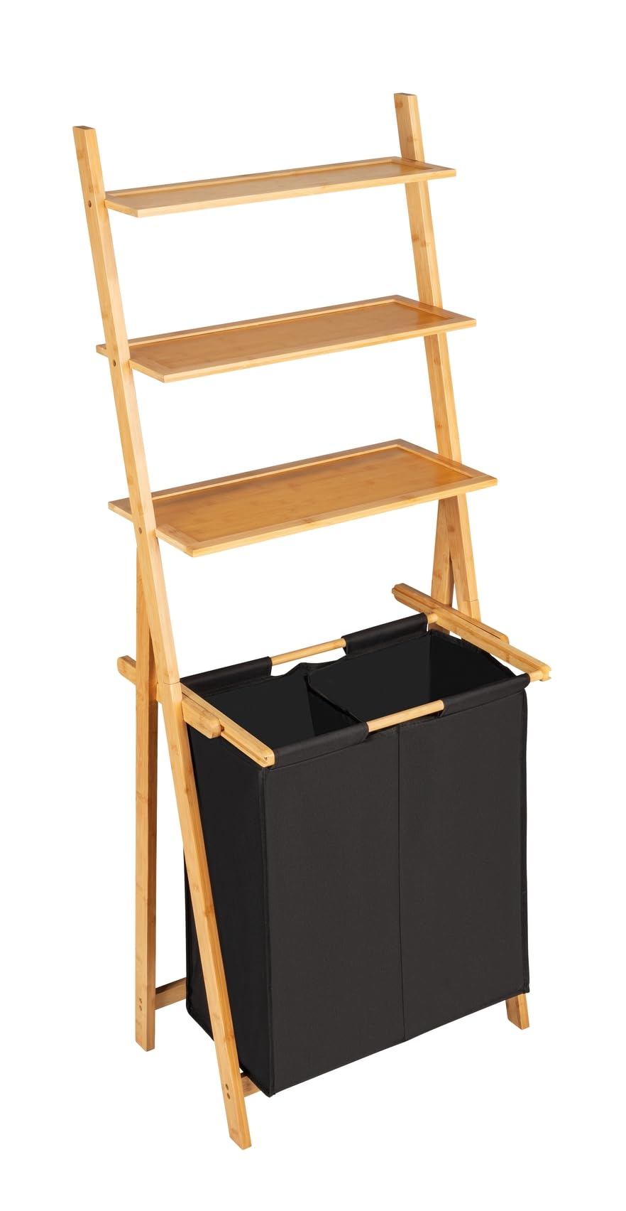 WENKO Leiterregal mit Wäschesammler Ecori, Leiter aus Bambus, Wäschekorb mit 2 Fächern (je ca. 33 L), Textil aus recyceltem Polyester, Schwarz