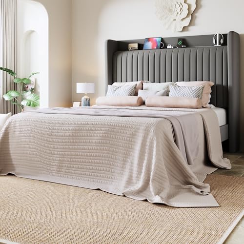 Image of Allewie Full Size Platform Bed Frame with USB Charging Station and Storage Shelf /Upholstered Velvet Wingback Headboard /Wooden Slats Support /No Box Spring Needed /Easy Assembly, Grey