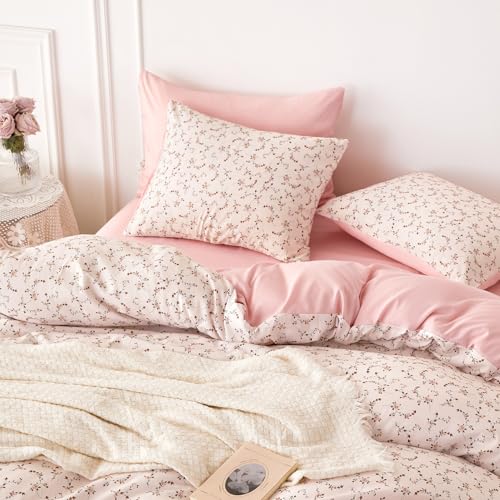 Image of Wake In Cloud - Floral Comforter Set, Coquette Cottagecore Aesthetic Cute Flower Pattern for Women Teen Girls, Soft Lightweight Dorm Bedding, 3 Pieces, Dusty Pink, Queen Size