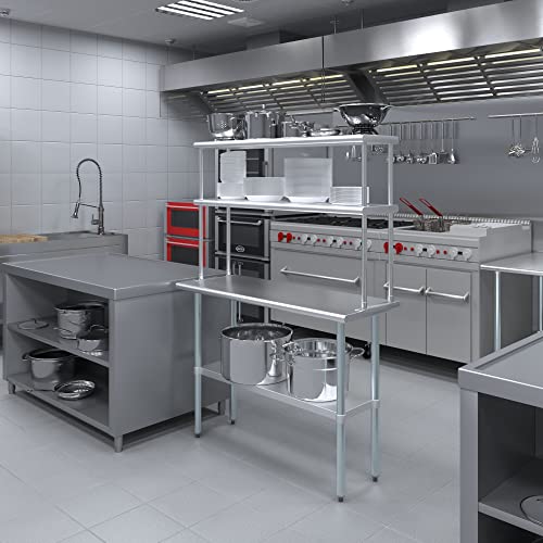 Image of AmGood Stainless Steel Work Table with 12 inch Wide Double Tier Overshelf | Metal Kitchen Prep Table & Shelving Combo | NSF (Stainless Steel Table with Double Overshelves, 48 inch Long x 18 inch Deep)