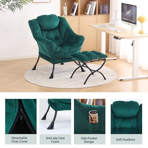 Image of LITA Lazy Chair with Ottoman, Modern Accent Leisure Upholstered Sofa Chair, Contemporary Lounge Reading Chairs with Armrests and a Side Pocket for Living Room, Bedroom & Small Space, Dark Green