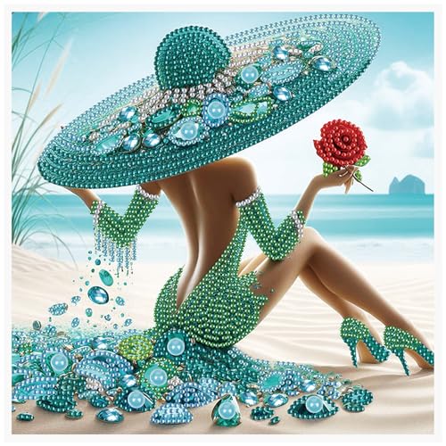 Image of AiYuanzsh Special Shape Diamond Painting Kits for Adults, Beach Beauty 5D Crystal Rhinestone Diamond Art Painting Canvas, DIY Paint by Diamonds Unique Craft Kits, Relaxing Craft for Home Decoration
