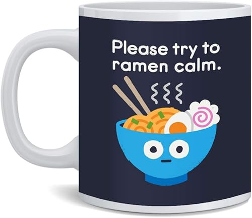 Please Try To Ramen Calm Funny Noodles Send Noods Food Pun Cartoon Cute Retro Taza de café de cerámica taza de té divertido regalo novedoso 12 oz