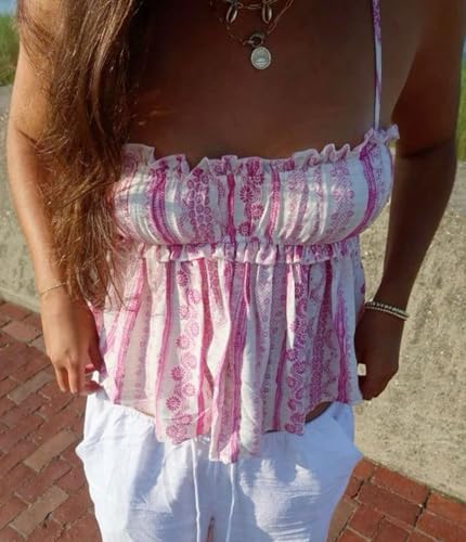 Image of Women Floral Camisoles Tops Sexy V Neck Backless Ruffle Hem Going Out Tops Cute Summer Y2k Teen Girls Camis