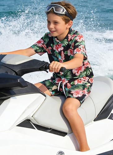 Image of UNICOMIDEA Boys Hawaiian Outfits Tropical Print Button Down Shirt + Swim Trunks 2 Piece Sets for 5-12T Kids