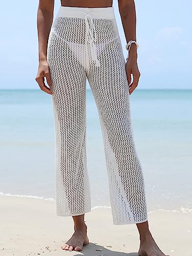 ZAFUL Women's Cover Up Pants Crochet Hollow Out Beach Pants Drawstring Elastic High Waist Straight Pants(1-White, One Size) ZAFUL Women's Cover Up Pants Crochet Hollow Out Beach Pants Drawstring Elastic High Waist Straight Pants(1-White, One Size)