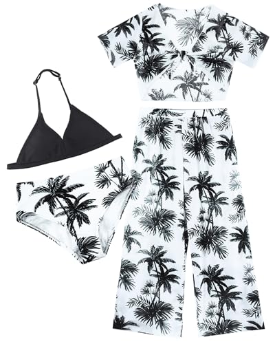 Happy Cherry Girl's 4PCS Swimsuits Tropical Print Halter Bikini Set Bathing Suits with Kimono and Cover Up Pant Boho Swimwear