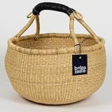 Bolga Zaare Market Basket, Handmade in Ghana by Women Artisans, Natural, LARGE, 16'-18' Diameter x 9'-10' H, BLACK HANDLE (1 basket)