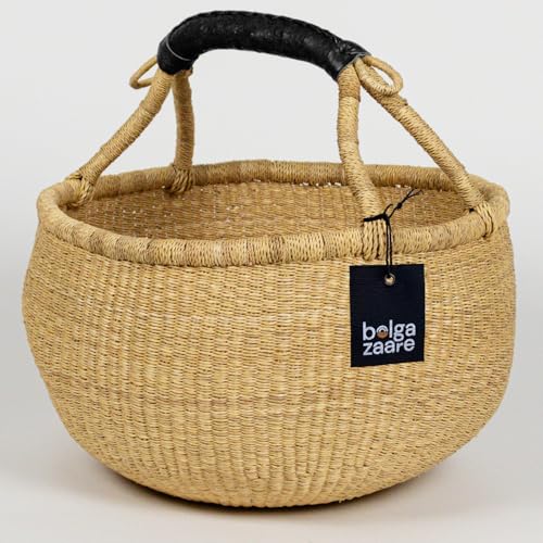 Bolga Zaare Market Basket, Handmade in Ghana by Women Artisans, Natural, LARGE, 16"-18" Diameter x 9"-10" H, BLACK HANDLE (1 basket)