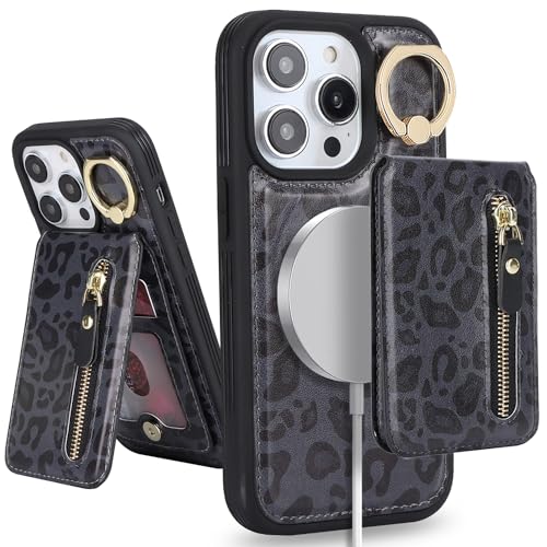 DEYHU for iPhone 13 Pro Max Phone case with Card Holder with Compatible magsafe Magnetic, Key Chain PU Leather Flip Kickstand Detachable 2-in-1 Wallet case for Apple13promax Women Men-Black Leopard by DEYHU - Used condition - US$15.19