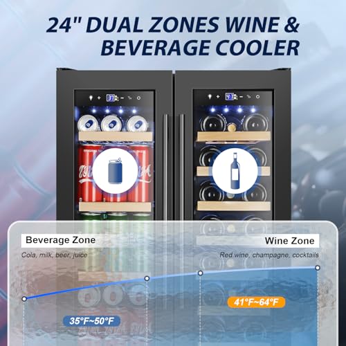 Image of Tylza 24 Inch Wine and Beverage Refrigerator, Dual Zone Wine Beverage Cooler 24 inch with French Door, Under Counter Wine Beer Fridge Built-In or Freestanding, Holds 20 Bottles and 88 Cans, Black