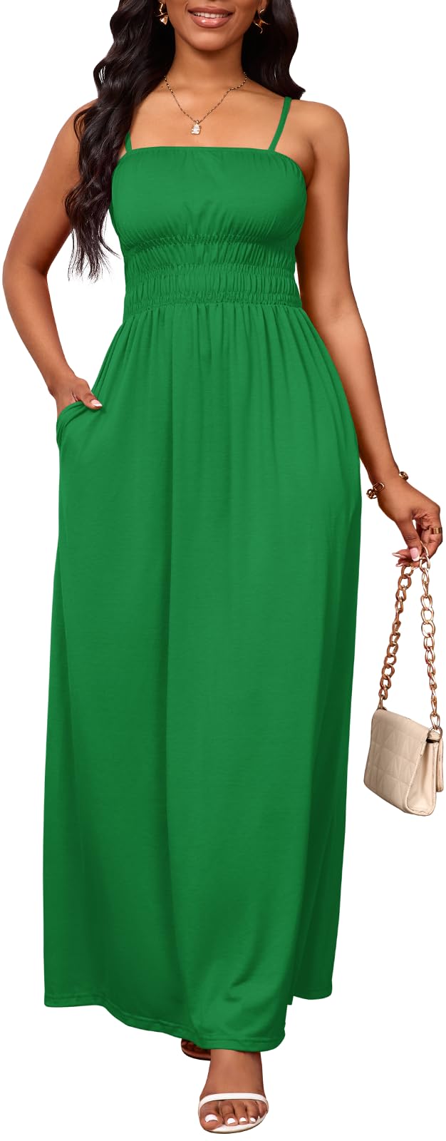 PerZeal Summer Dress Spaghetti Strap Casual Womens Fashion Sleeveless Beach Dress Pleat Long Tiered Maxi Dresses