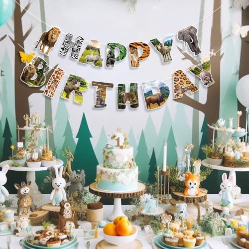 Image of Safari Animals Happy Birthday Banner Wild Jungle Birthday Party Decorations Wild One Animal Themed Bunting Sign for Kids Boy Girl 1st Bday Shower Party
