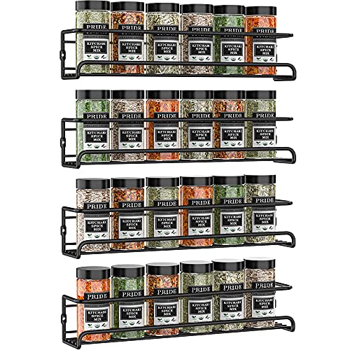 Spice Racks Organiser - 4 Tier Hanging Stainless Steel Wall Mounted with Adhesive Stickers & Screws Kitchen Pantry Shelf for Spices and Condiments Jars (Black)