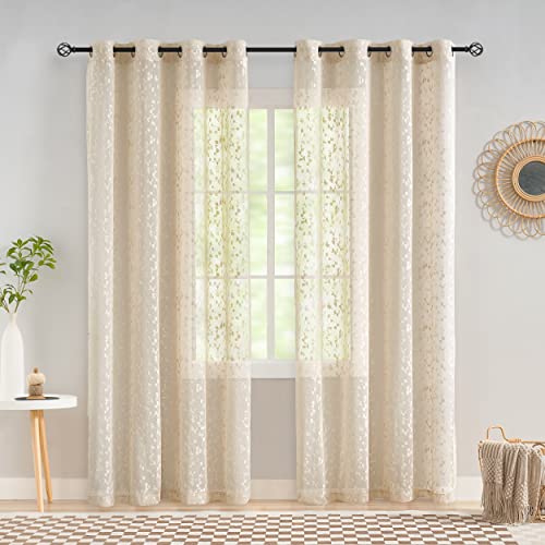 Treatmentex Beige Halbtransparente Spitze Vorhang Moderne Stickerei Gardinen mit Ösen Häkeln Stricken Vorhang mit Blattmuster für Wohnzimmer Bauernhaus Schlafzimmer 2 Stücke,B140×H180cm Cover