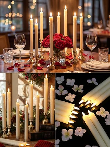 Image of VIHOSE 24 Pcs Flameless Taper Candles with Holders, Gold, Dripping Style