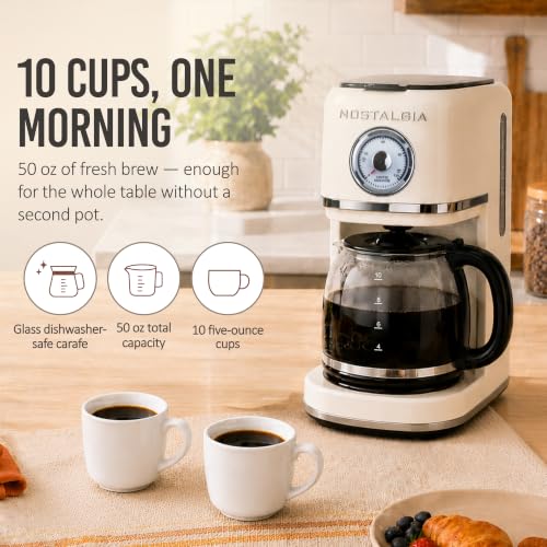 Image of Nostalgia Classic Retro 10 Cup Coffee Maker - One-Touch Drip Brew, Reusable Filter - Anti-Drip, Auto Shutoff, & Time Display - Dishwasher Safe 50 oz Carafe - Cream