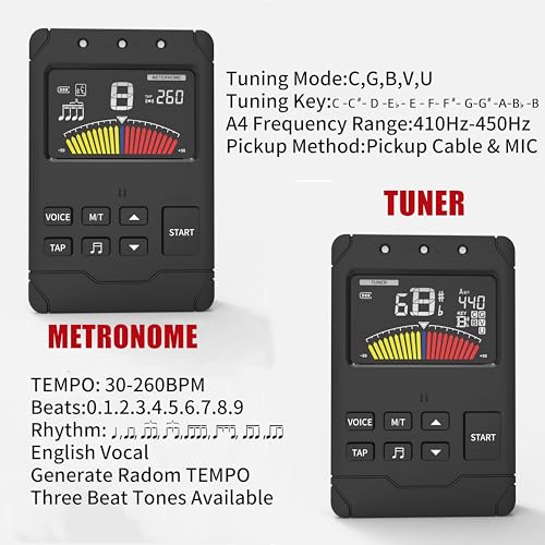 Rechargeable Metronome Tuner Combo for Guitar, Bass, Piano,Drum,Violin and Orchestral Instruments,Precision Tuning,Multiple Rhythm Modes,Three Beat Tones & Human Voice Count,8+ Hours Runtime