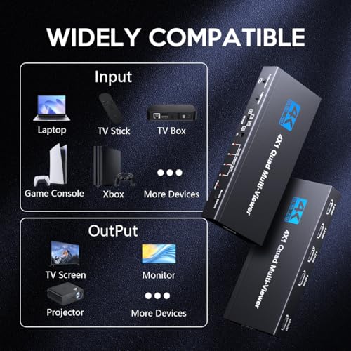 Image of HDMI Multiviewer Switch 4x1 Quad Multi-Viewer 4 in 1 Out Seamless Switching with Remote Control Support 1080P /4K and 5 Display Modes for Security Camera, Gaming Consoles