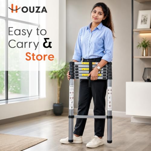 Image of HOUZA 2.7m (8 ft) Steel Telescopic Ladder | 7-Step Foldable Extension Ladder | Portable & Collapsible Ladder for Home, Industrial & Outdoor Use | EN131 Certified | 1 Year Warranty(Silver & Black)