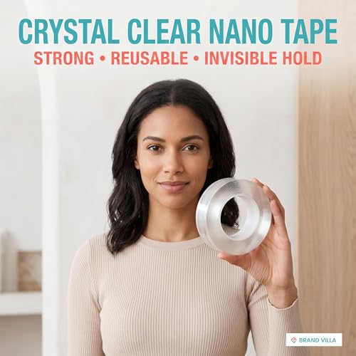 Image of BRAND VILLA Nano Tape Double Sided Adhesive, 1mm Thick 3cm Wide 3 Meter Long, Heavy Duty Reusable Washable Gel Grip Tape, Strong Transparent Traceless Mounting Tape for Wall, Kitchen, Home & Office