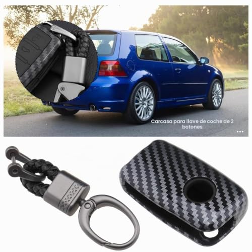 Miniatura 2 de Yinettech Carcasa De Silicona De Fibra De Carbono Abs Con 2 Botones Para Llaves De Coche, Llavero Inteligente Con Llavero Compatible Con Vw Compatible Con Golf 4 5 6 Negro