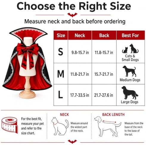 Halloween Dog & Cat Vampire Cape Costume, Satin-Look Pet Vampire Cloak with Bat Bow Tie and Stand-Up Collar, Adjustable Costume for Small, Medium, Large Dogs and Cats - 3