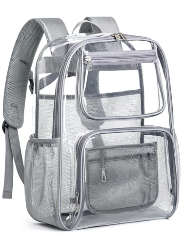 Image of Heavy Duty Clear Backpack For Kids Women Men Boys Girls, 17 Inch Large See Through Backpack, 360 3M Reflective Strips Clear Bookbag, Transparent Bag For School College Sport Work Travel, Grey
