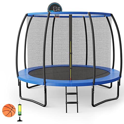 COSTWAYOutdoor Trampoline, 12FT/14FT Round Trampolines with Safety Enclosure Net, Ladder and Basketball Hoop, Combo Bounce Trampoline for Kids Adults