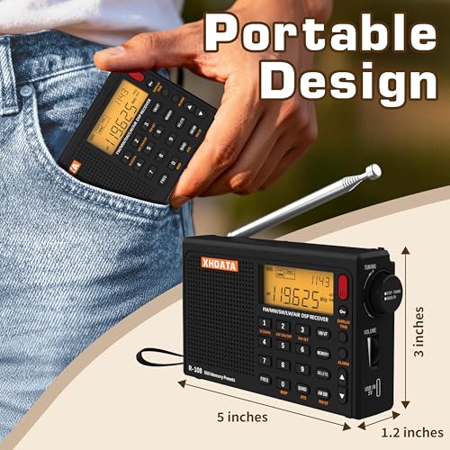Image of XHDATA R108 Portable Radio AM /FM /SW /LW /Airband Shortwave Receiver Battery Operated Radio with Good Reception, Great Sound Speaker Stereo Alarm Clock External Antenna (Black)