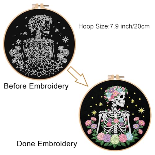Image of Louise Maelys Halloween Skeleton Floral DIY Embroidery Kit for Beginners | Needlepoint Kit Includes Hoop, Fabric, Threads, Needles and Instructions. Skeleton Floral Rose Design for Cross Stitch Kits