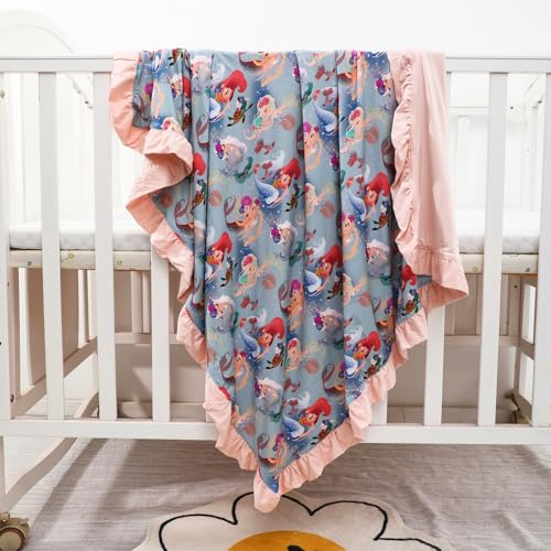 Image of Rayon Made from Bamboo Baby Blanket for Girls, Mermaid Print, Ruffle Trim, Soft and Comfy, Size 40x33