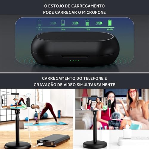 Microfone Lapela Duplo Sem Fio Recarregável Wireless Professional 2 em 1 Gravação Redução de Ruído C