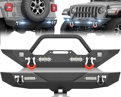 Image of for JL JLU Front and Rear Bumpers Compatible with 2018-2026 Jeep Wrangler JL JLU Unlimited 2 /4 Doors Off-road Bumpers with LED Lights, Winch Plate, Bull Bar, D-rings & 2 inch Hitch Receiver, Black