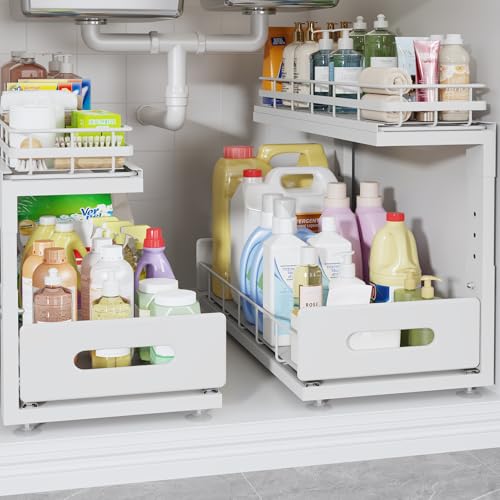 Image of Under Sink Organizer Upgrade To Professional Rails,2-Tier Dual Pull Out Cabinet Storage,Height Adjustable Slide Out Drawers For Bathroom Kitchen,2 Pack-18.5 inchDx12.8 inch-16.9 inchH,White
