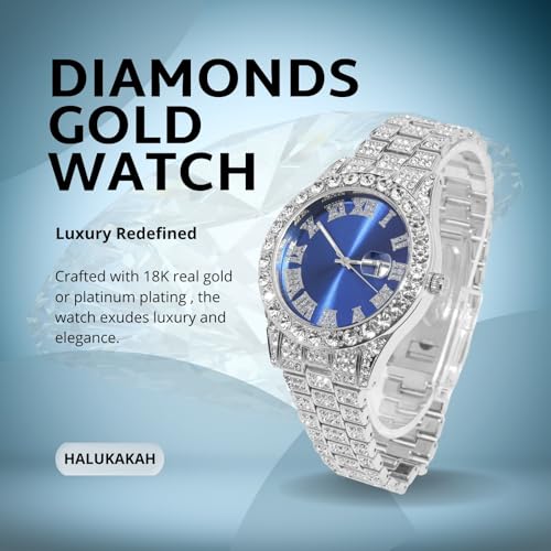 Image of Halukakah Diamonds Gold Watch Iced Out for Boy Teens Kids - 18K Real Gold /Platinum Plated,42mm Blue /Green /Red Dial,Japanese Quartz - 8 inch Length - Optional with Cuban Link Chain,with Watch Adjuster Tool