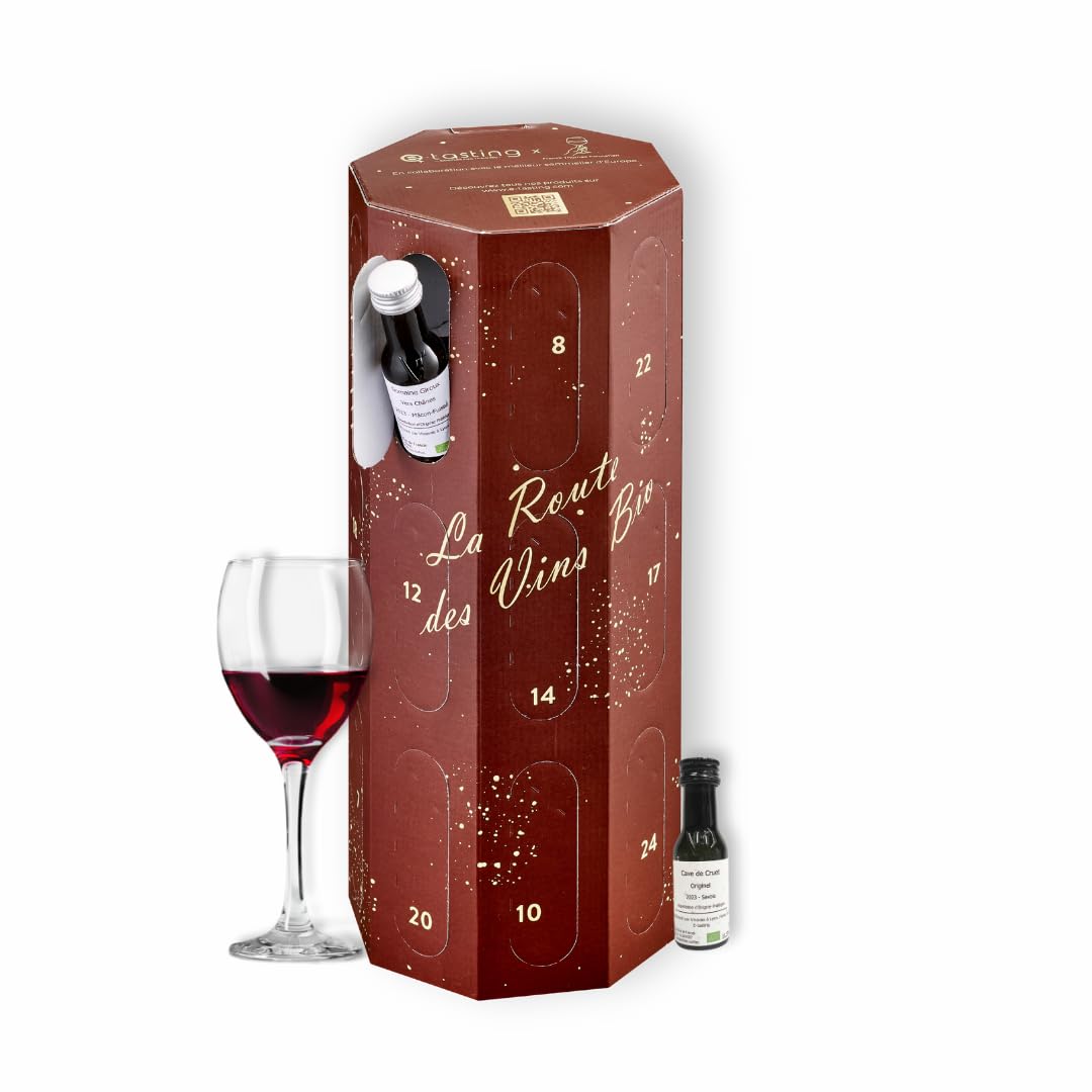 Calendario de Adviento de Vinos Ecológicos “La Ruta de los Vinos Eco” – Con el mejor sumiller de Europa – 24 muestras de 20 ml – Cata y regalo para hombres y mujeres