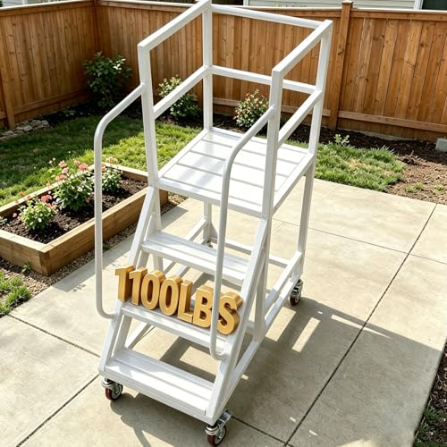Image of 6 Step Rolling Warehouse Step Ladder, Industrial Mobile Staircase on Wheels, 1100Lbs Weight Capacity, Heavy Duty Mobile Platform Ladder with Handrails, Suitable for Warehouse, Library (White, 6 steps)