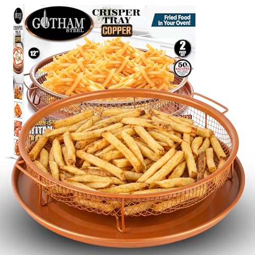 Image of GOTHAM STEEL 2 Piece Copper Air Fryer Tray, Non Stick Air Fry Crisper Baskets for Air Fryers, Oven and Dishwasher Safe, Round Pizza & Bake Pan Frying, PFOA and PFOS Free, Durable & ScratchProof