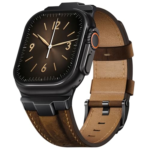 Finoriss Echtes Lederarmband kompatibel mit Apple Watch Ultra 3/2/1 Armband 49mm 46mm 45mm 44mm 42mm Robustes Band mit Metallanschluss für Damen und Herren iWatch SE 3 Series 11 10 9 8 7 6 5 4 3 2 1